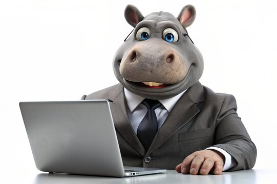 Business concept. Hyper-realistic animal character Begimot, adult, in a business suit, working at a laptop. Allegory concept in business. Generation of AI