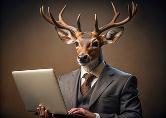Business concept. Hyper realistic animal character Deer, adult, in a business suit, working at a laptop. Allegory concept in business. Generation of AI - 789684718