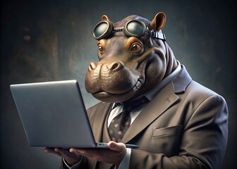 Business concept. Hyper-realistic animal character Begimot, adult, in a business suit, working at a laptop. Allegory concept in business. Generation of AI - 789684726