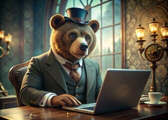 Business concept. Hyper realistic animal character Bear, adult, in a business suit, working at a laptop. Allegory concept in business. Generation of AI - 789684733