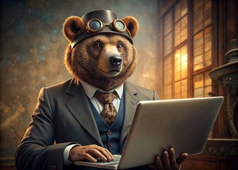 Business concept. Hyper realistic animal character Bear, adult, in a business suit, working at a laptop. Allegory concept in business. Generation of AI - 789684737