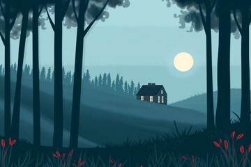 Tranquil minimalist forest illustration featuring a secluded property in a serene moonlit night sky. Embracing the beauty of nature with a peaceful retreat in the tranquil outdoors