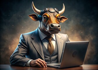 Business concept. Hyper realistic animal character Buffalo, adult, in a business suit, working at a laptop. Allegory concept in business. Generation of AI - 789684751