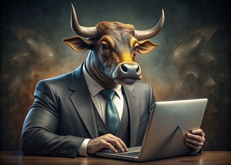 Business concept. Hyper realistic animal character Buffalo, adult, in a business suit, working at a laptop. Allegory concept in business. Generation of AI - 789684754