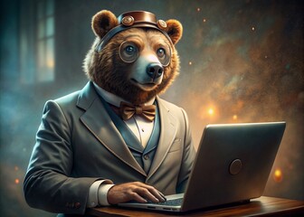 Business concept. Hyper realistic animal character Bear, adult, in a business suit, working at a laptop. Allegory concept in business. Generation of AI - 789684756