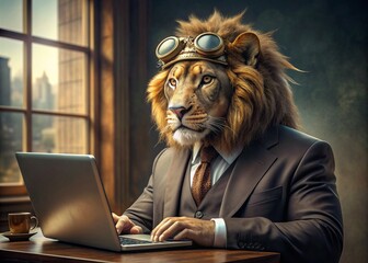 Business concept. Hyper realistic animal character Leo, adult, in a business suit, working at a laptop. Allegory concept in business. Generation of AI - 789684770