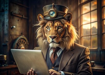 Business concept. Hyper realistic animal character Leo, adult, in a business suit, working at a laptop. Allegory concept in business. Generation of AI - 789684780