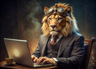Business concept. Hyper realistic animal character Leo, adult, in a business suit, working at a laptop. Allegory concept in business. Generation of AI - 789684781