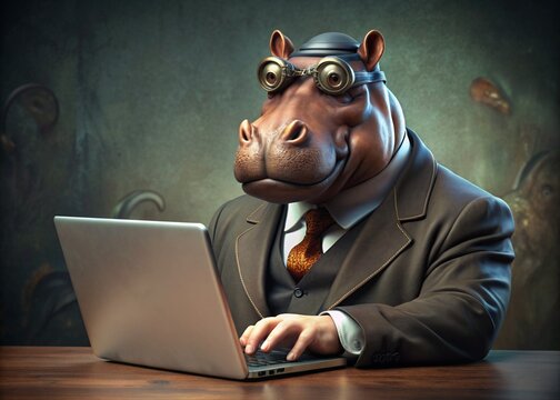 Business concept. Hyper-realistic animal character Begimot, adult, in a business suit, working at a laptop. Allegory concept in business. Generation of AI