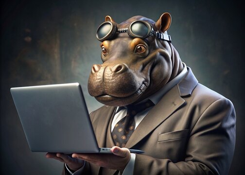Business concept. Hyper-realistic animal character Begimot, adult, in a business suit, working at a laptop. Allegory concept in business. Generation of AI