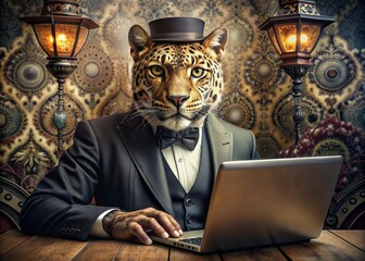 Business concept. Hyper-realistic animal character Leopard, adult, in a business suit, working at a laptop. Allegory concept in business. Generation of AI - 789684905
