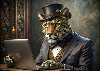 Business concept. Hyper-realistic animal character Leopard, adult, in a business suit, working at a laptop. Allegory concept in business. Generation of AI - 789684912