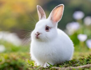 Cute baby rabbit all white sitting in the meadow