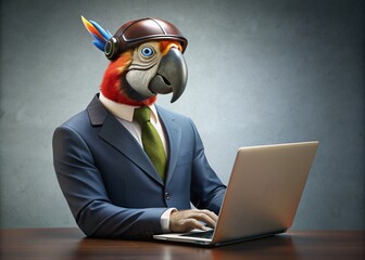 Business concept. Hyper-realistic character bird Parrot, adult, in a business suit, working at a laptop. Allegory concept in business. Generation of AI - 789684917