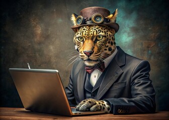 Business concept. Hyper-realistic animal character Leopard, adult, in a business suit, working at a laptop. Allegory concept in business. Generation of AI - 789684919