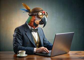 Business concept. Hyper-realistic character bird Parrot, adult, in a business suit, working at a laptop. Allegory concept in business. Generation of AI - 789684933