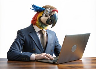 Business concept. Hyper-realistic character bird Parrot, adult, in a business suit, working at a laptop. Allegory concept in business. Generation of AI - 789684937