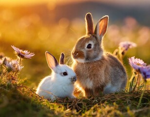 Obraz premium Parent and child rabbits sitting in a meadow at sunset