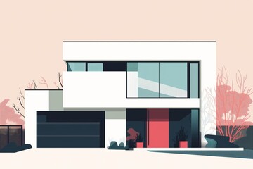 Contemporary minimalist architectural house illustration with clean lines and pastel colors. Featuring modern geometric design in a stylish urban living setting