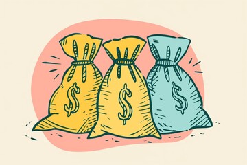 Colorful minimalist illustration of three money bags with dollar signs, hand-drawn style on a pink background