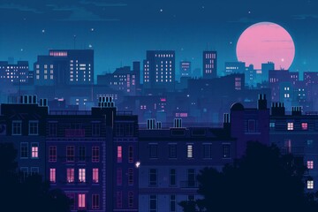 Naklejka premium A stylized illustration of a city at night with a glowing pink moon