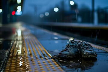 : A pair of worn-out shoes left on an empty train platform during a rainy night.