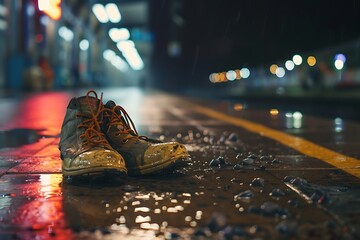 : A pair of worn-out shoes left on an empty train platform during a rainy night. - obrazy, fototapety, plakaty