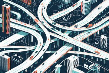 Abstract illustration showcasing a complex network of roads and highways amidst urban high-rise buildings - obrazy, fototapety, plakaty