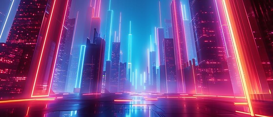 Imagine a futuristic metropolis with sleek, minimalist architecture and neon lights casting an ethereal glow, showcasing a vision of innovation and progress