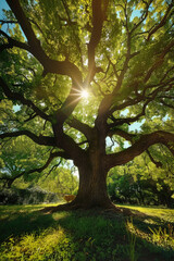 A large tree stands tall as sunlight filters through its branches, creating a stunning natural display