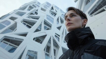 A portrait of an architect standing in front of a building that seems to defy gravity with its unique and unconventional structure representing their bold and daring approach to creating .