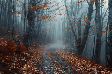 : A path leading into the misty woods, covered in autumn leaves, with no end in sight. - obrazy, fototapety, plakaty
