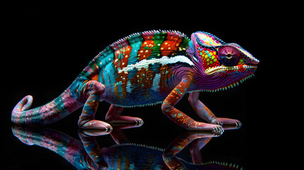 beautiful chameleon. full body on black background