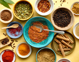 Various types of herbs and spices on yellow background.