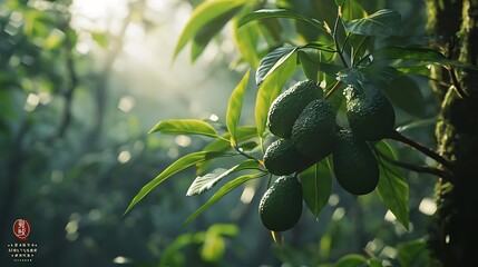 A serene avocado tree showcasing its distinctive green leaves and abundant fruit, standing tall against the backdrop of a tranquil garden.