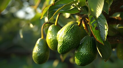 A serene avocado tree showcasing its distinctive green leaves and abundant fruit, standing tall against the backdrop of a tranquil garden.