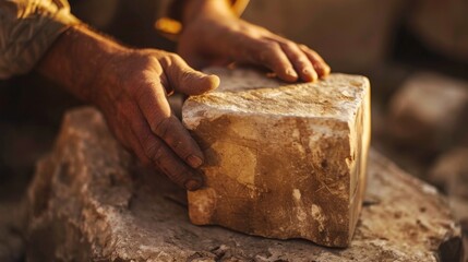 A man is working on a large block of stone, AI