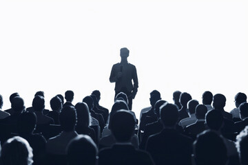 Presentation of a new product or business lecture. Man performs on stage in front of an audience in the hall. Conference or seminar 3D avatars set vector icon, white background, black colour icon