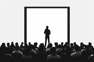 Presentation of a new product or business lecture. Man performs on stage in front of an audience in the hall. Conference or seminar 3D avatars set vector icon, white background, black colour icon - obrazy, fototapety, plakaty
