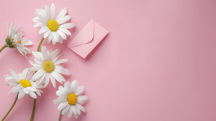 Beautiful daisies and gift envelopes on a pink background with copy space for text. depicting a Valentines Day concept. Shown in a flat lay style from a top view