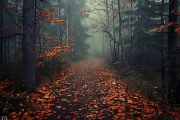 : A path leading into the misty woods, covered in autumn leaves, with no end in sight. - obrazy, fototapety, plakaty
