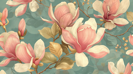 Magnolia flowers, floral background, tropical  pattern, luxury wallpaper. Green leaves. Dark...