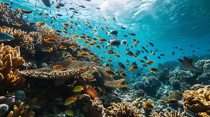 A school of vibrant tropical fish swimming gracefully among the coral, their dazzling colors adding to the beauty of the underwater world.