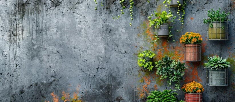 Background image featuring plant containers displayed on a concrete wall.