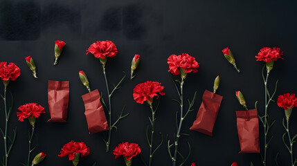 Captivating carnations and gift pouches on a black background with copy space for text. depicting a Fathers Day concept. Shown in a flat lay style from a top view