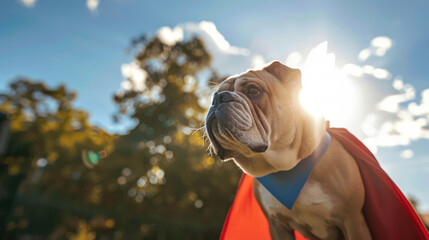 A dog stands proudly wearing a red and blue cape, looking heroic and ready for action - obrazy, fototapety, plakaty