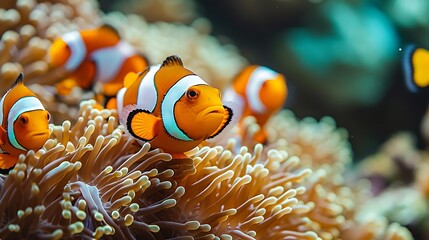 A school of clownfish swimming among colorful coral reefs, their vibrant orange and white stripes adding a splash of color to the underwater landscape.