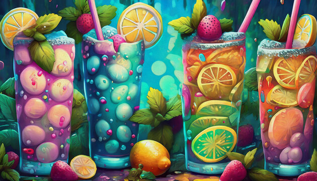 oil painting style cartoon illustration Multicolored Two fresh and cool lemonades