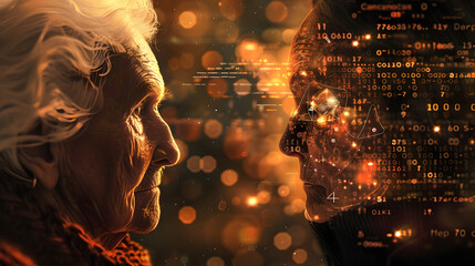 Connection between elderly woman and cyborg. electronic tech environment with reflection of binary code and data communication concept on brown glowing tech landscape
