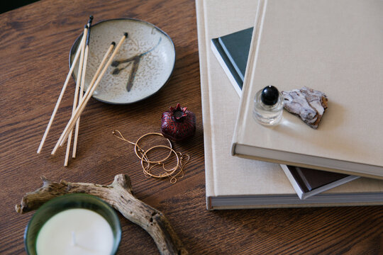 Flat lay on wooden table  with different stuff